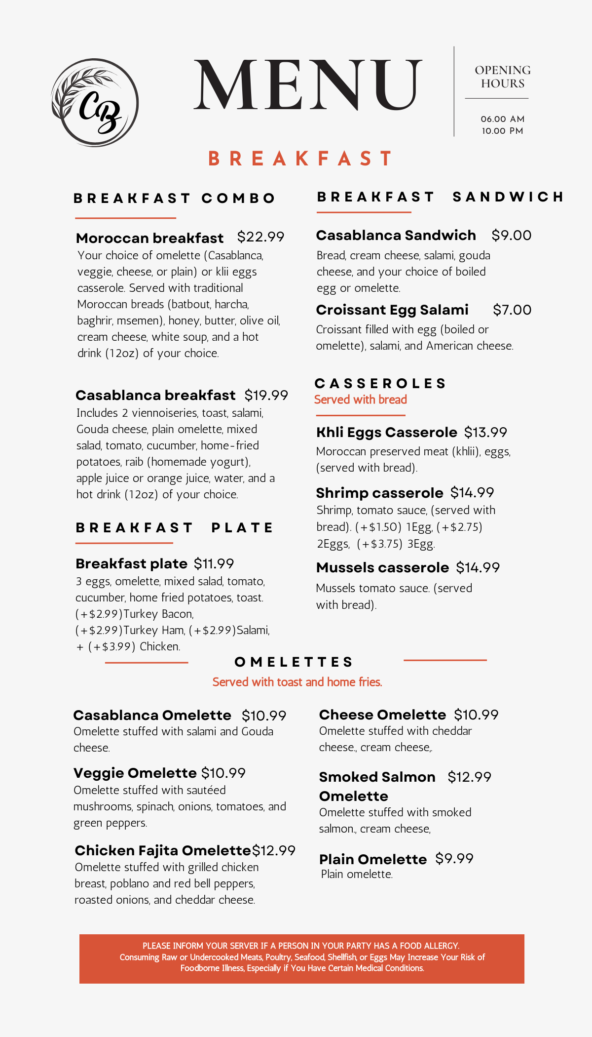 Casablanca The House of Pastry menu page 1